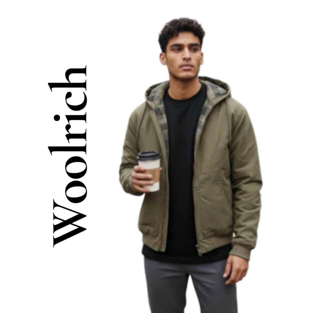 Woolrich | Canvas Hooded Men's Full Zip Jacket With Pockets | Green | Large